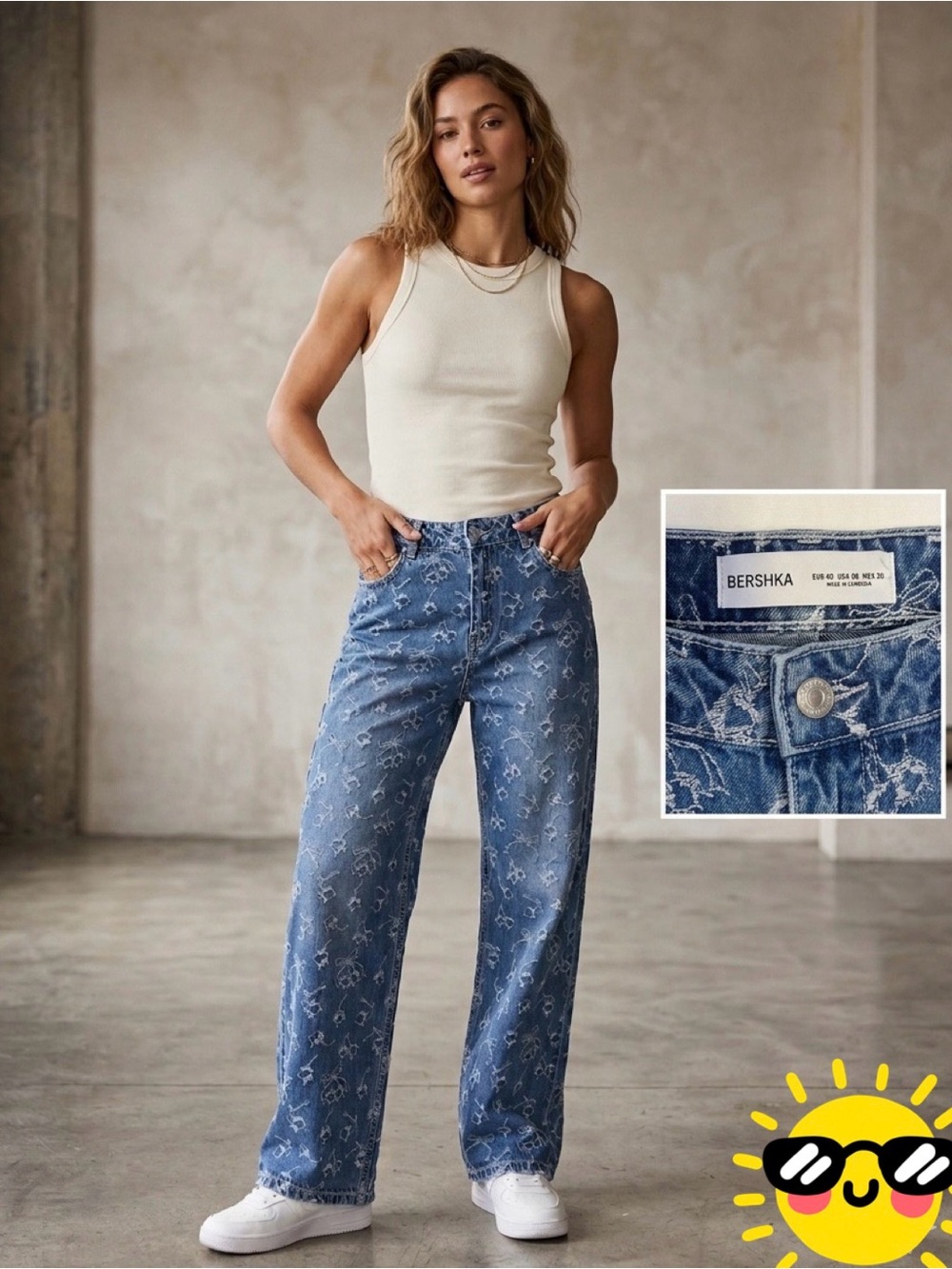 Bershka Bow Print Wide-Leg Jeans - Size 8 (USA 08)